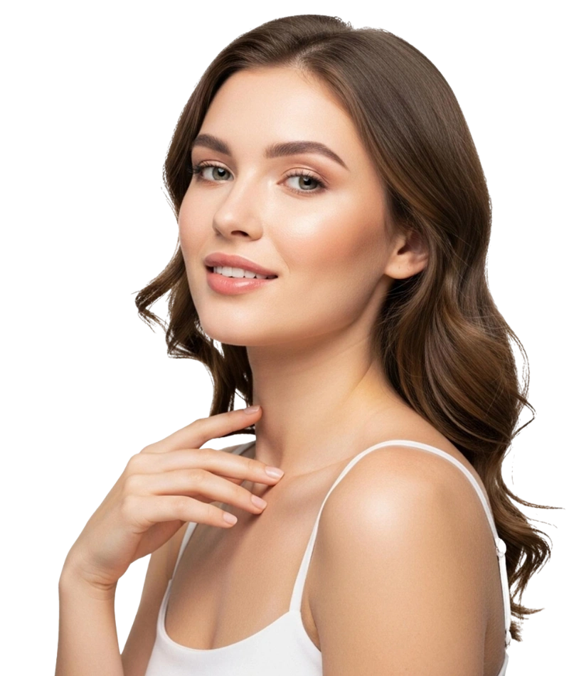 Beautiful young woman with wavy brown hair gentle smile